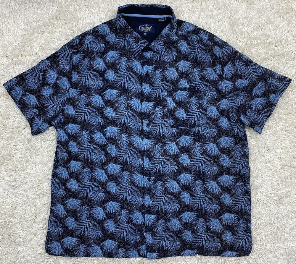 Nat Nast Luxury Originals Silk Cotton Shirt Men's XL Navy Blue Palm Leaf Print